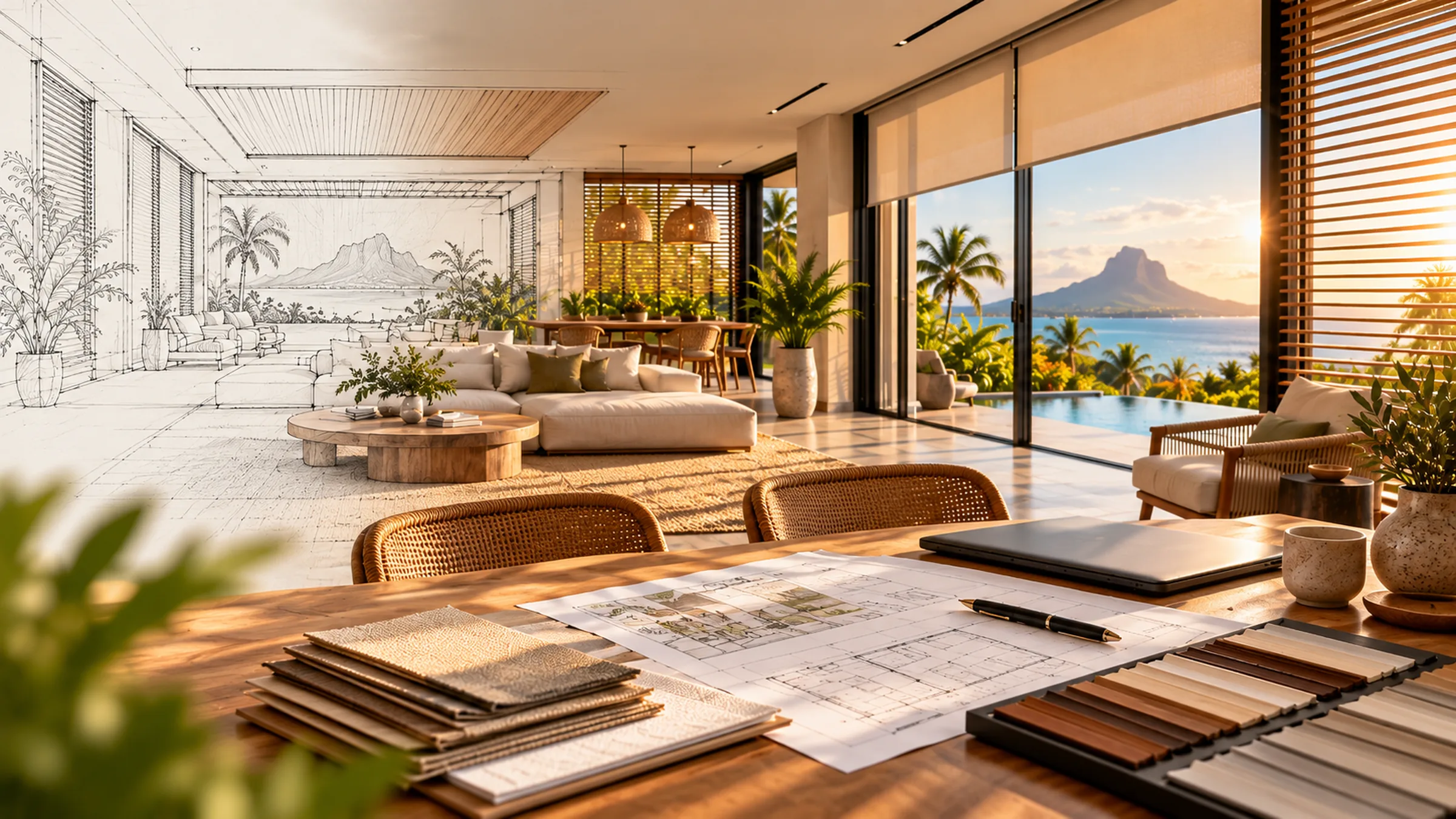 An architect's sketch of a living room becoming the finished room, with roller and wooden blinds