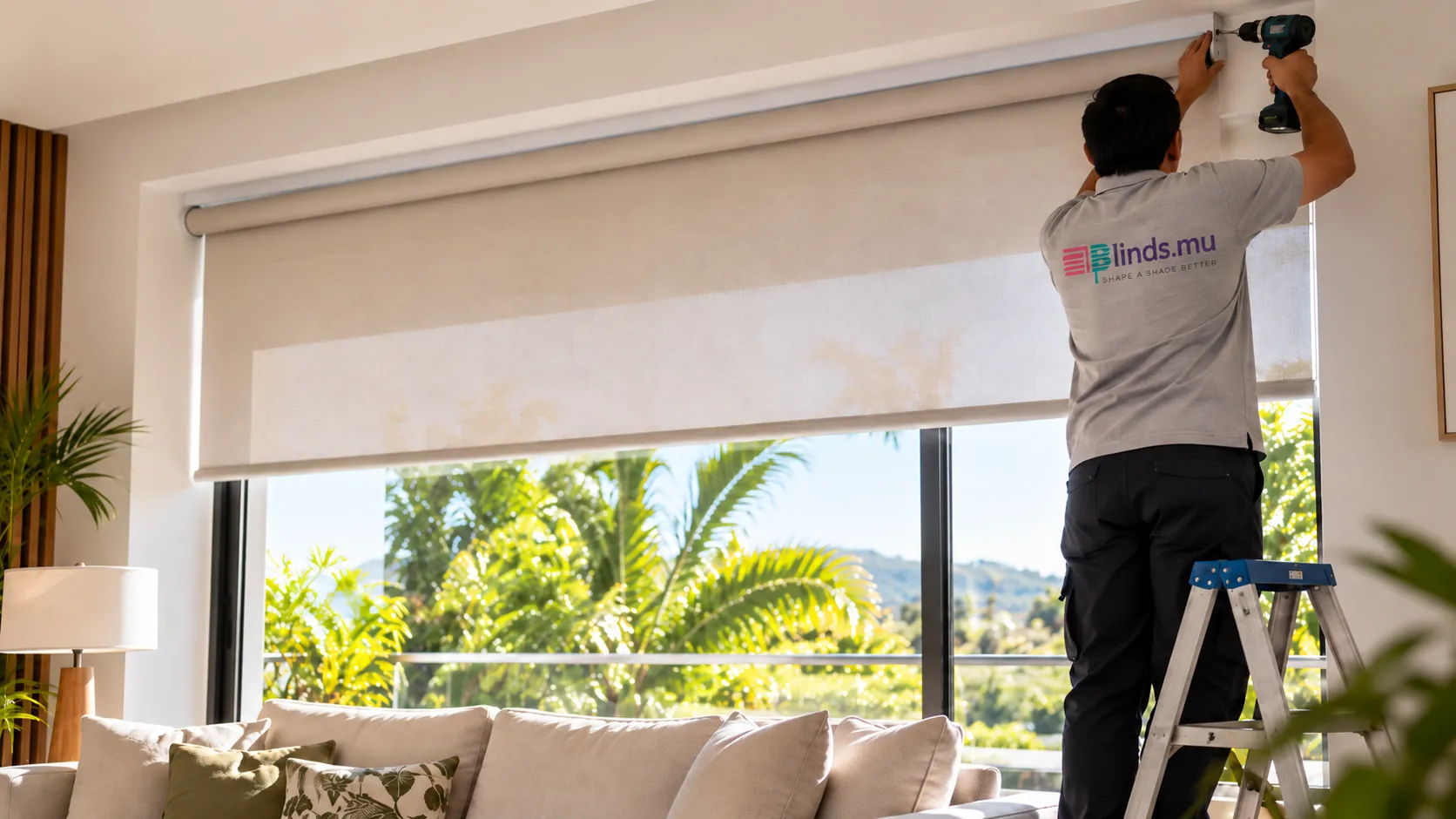 Blinds.mu technician fitting a roller blind above a living room window