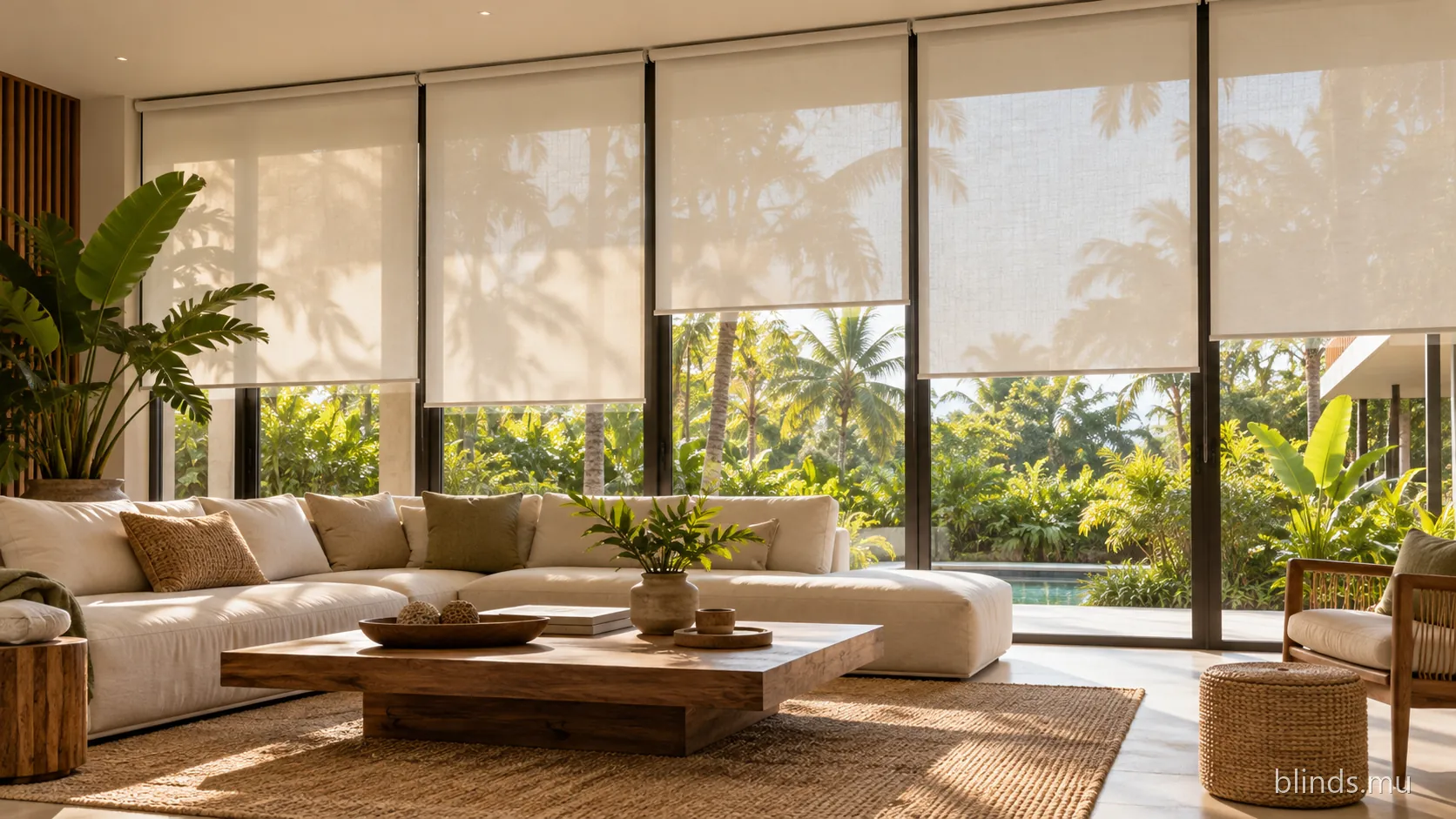 Living room with roller blinds beside garden doors