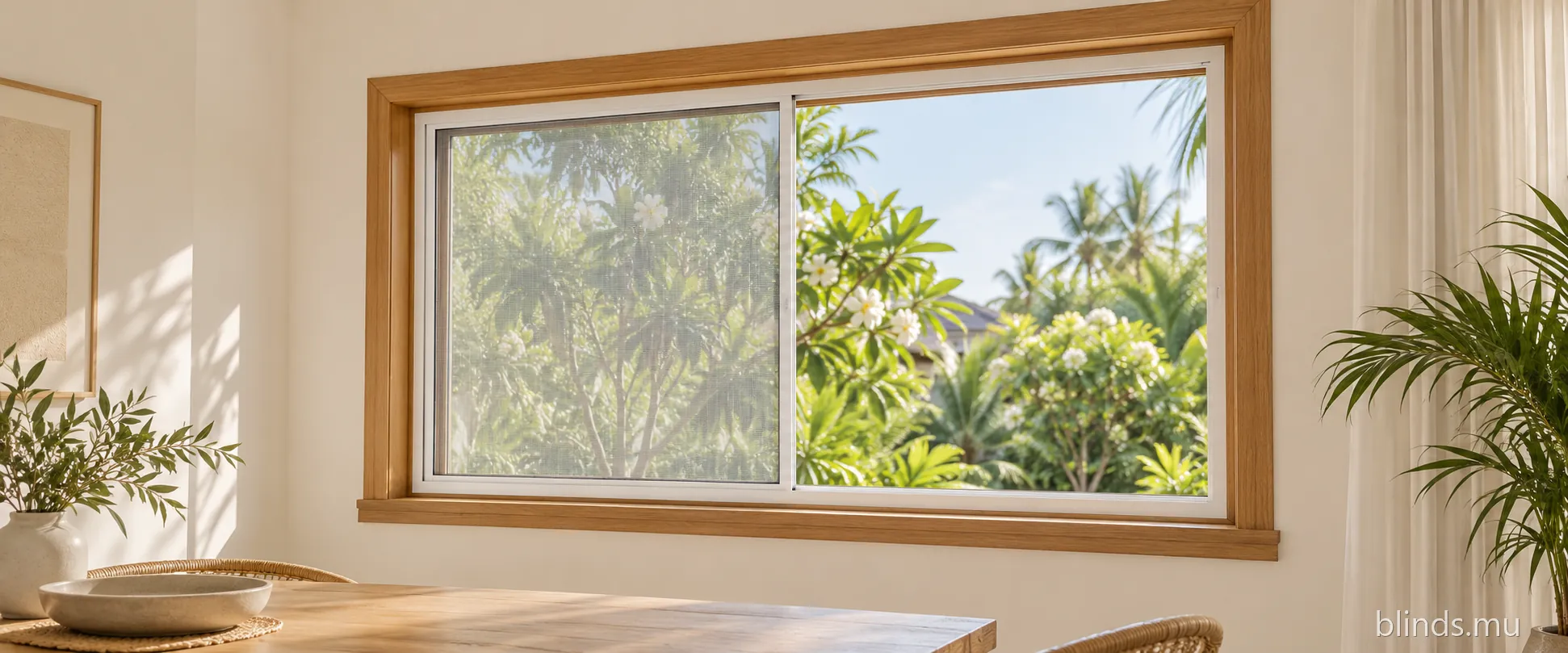 Sliding insect screen with a thin white frame fitted inside a wooden window frame